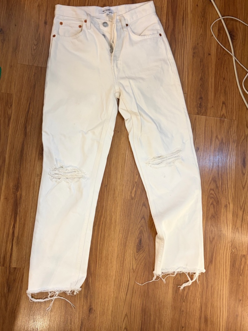 Re/Done High-Rise Off-White Distressed Straight Jeans